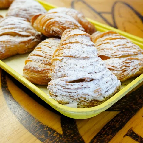 Shell-shaped Italian pastry topped with powdered sugar