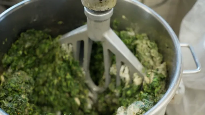 Spinach filling in the mixer